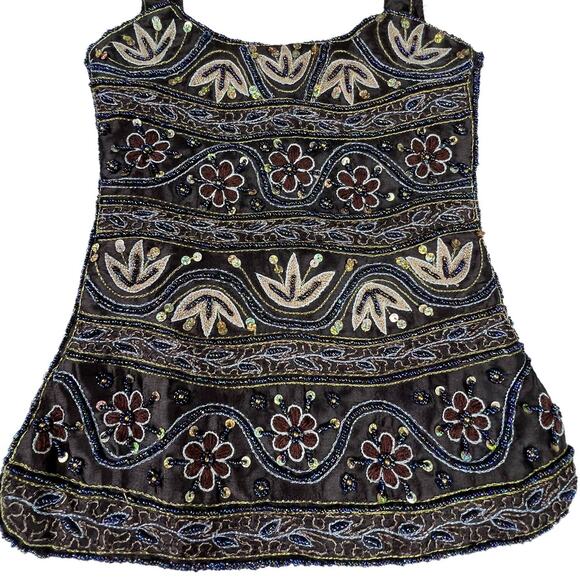 K&K VTG Table Tops Chocolate Brown Satin Floral Embroidered Sequin Shoulder Bag - Picture 4 of 13